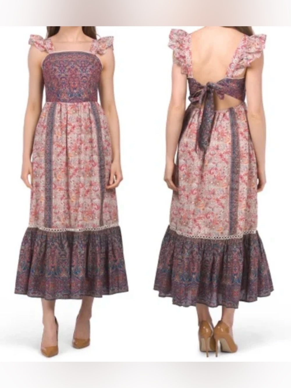 Haute Hippie Style Mixed Paisley Midi Dress Boho Tiered Ruffle NWT Size 2